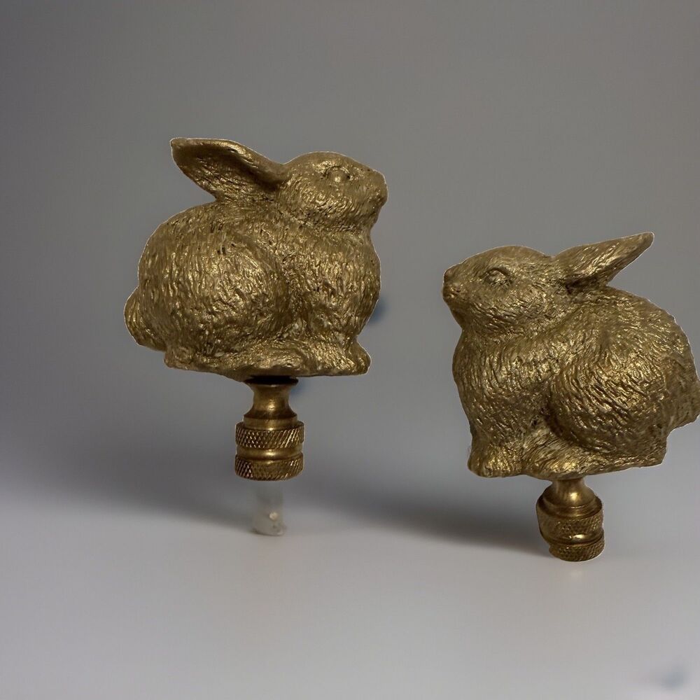 Pair Resin Rabbit Figurine  Finials/Knobs Gold Tone Metal Threaded Base